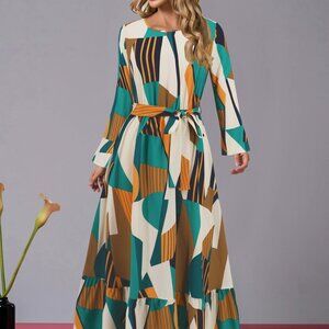 Ruffle Hem Tied Printed Long Sleeve Dress